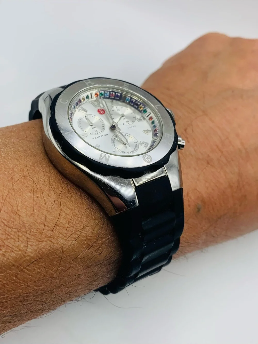 Tahitian Topaz Multi-Stone Chronograph Watch in Black and Silver
